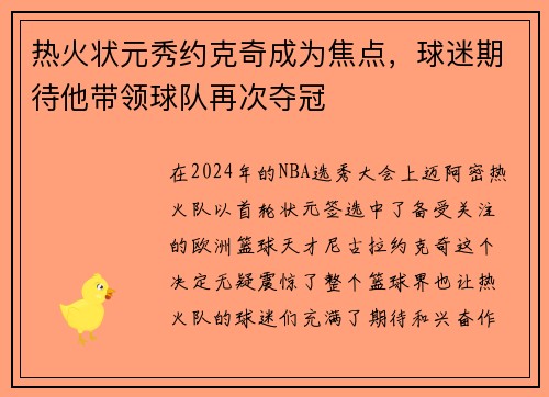 热火状元秀约克奇成为焦点，球迷期待他带领球队再次夺冠