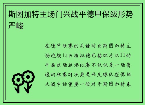 斯图加特主场门兴战平德甲保级形势严峻