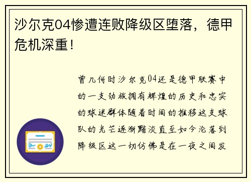 沙尔克04惨遭连败降级区堕落，德甲危机深重！