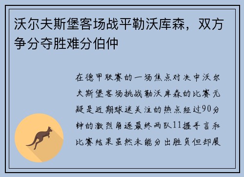 沃尔夫斯堡客场战平勒沃库森，双方争分夺胜难分伯仲