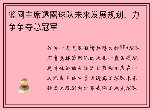 篮网主席透露球队未来发展规划，力争争夺总冠军